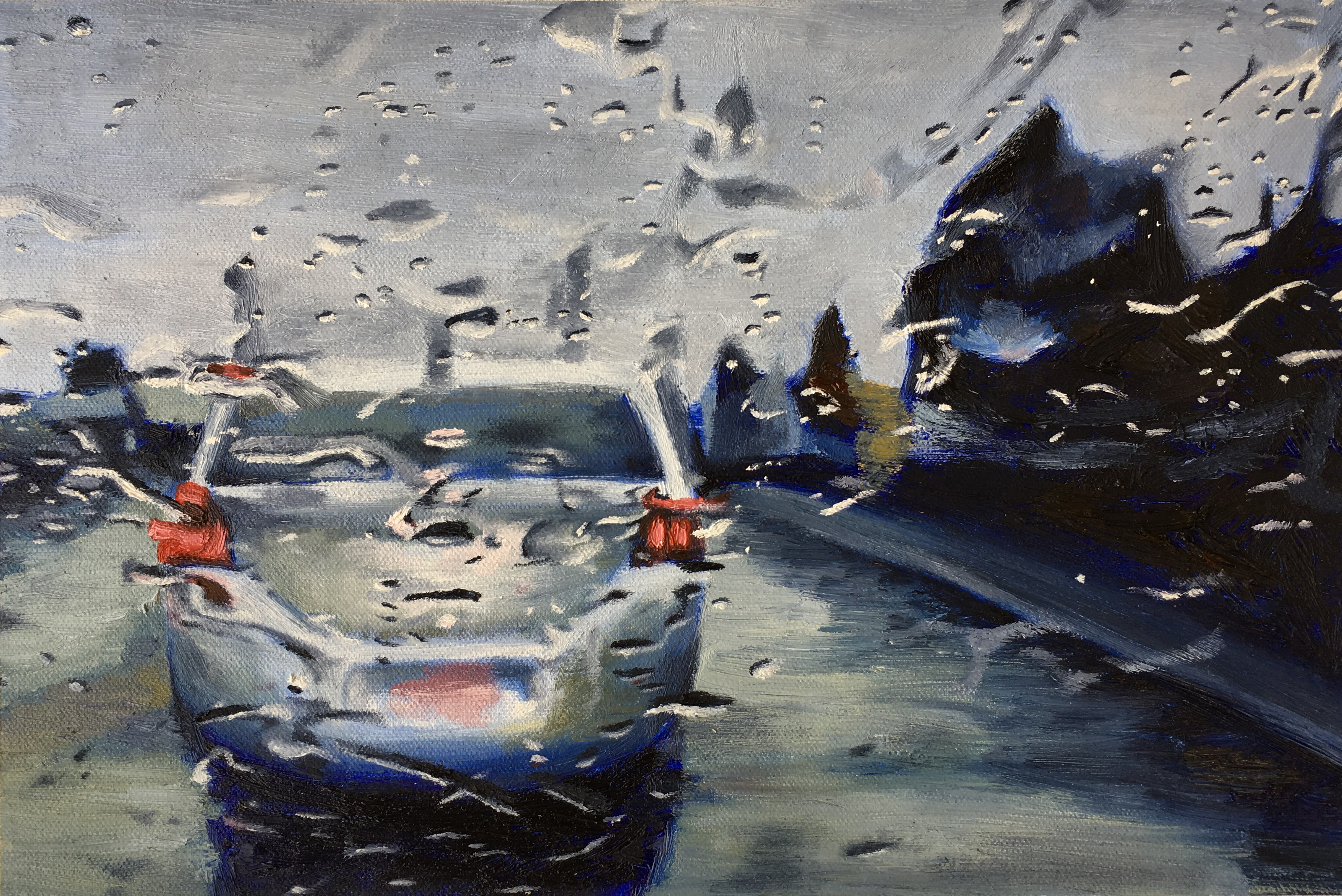an oil painting of the view from a car's dashboard. raindrops sit on the glass.