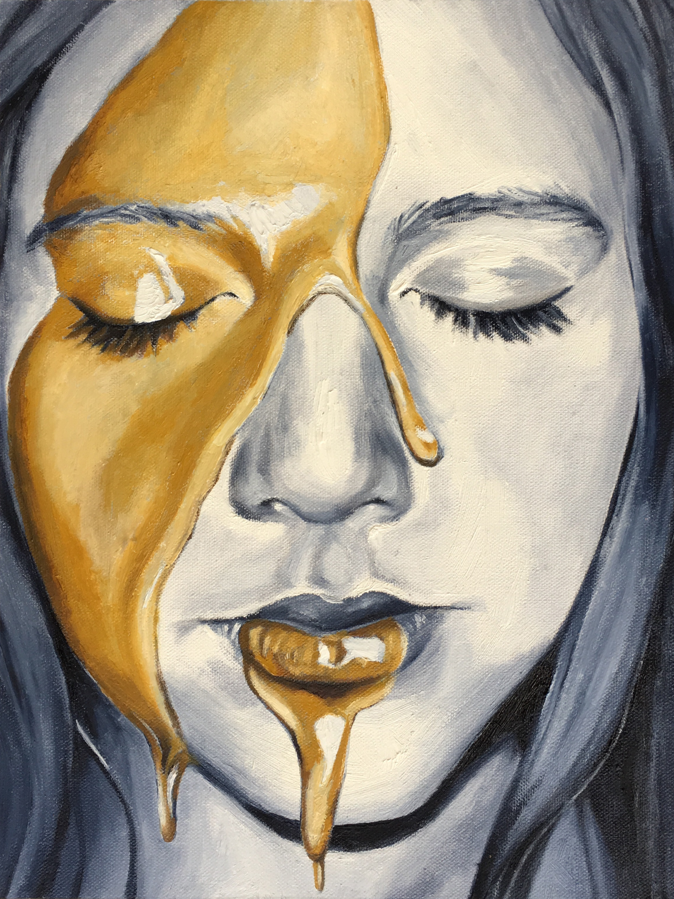 a greyscale oil painting of a girl with yellow honey running down her face.