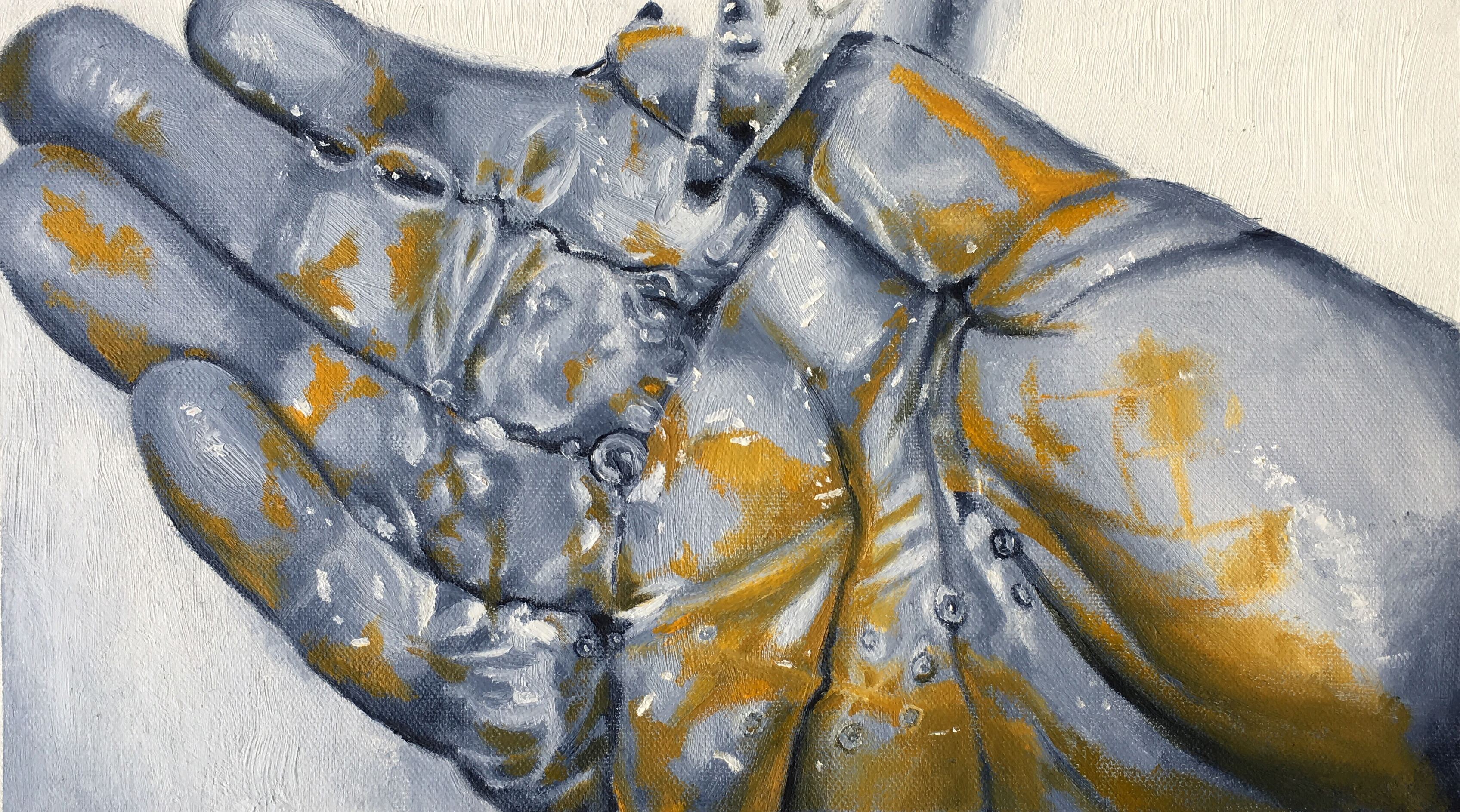 an oil painting of a hand with spots of yellow paint on it, cupped under a faucet.