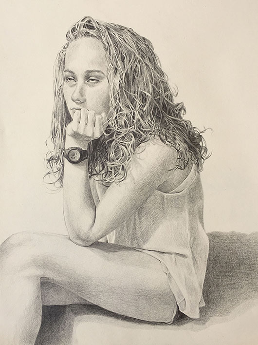 a pencil drawing of a girl with curly hair rolling her eyes.