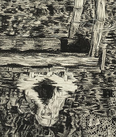 a black and white chalk drawing on toned paper. pictured is the rippled reflection of a girl sitting on a dock.