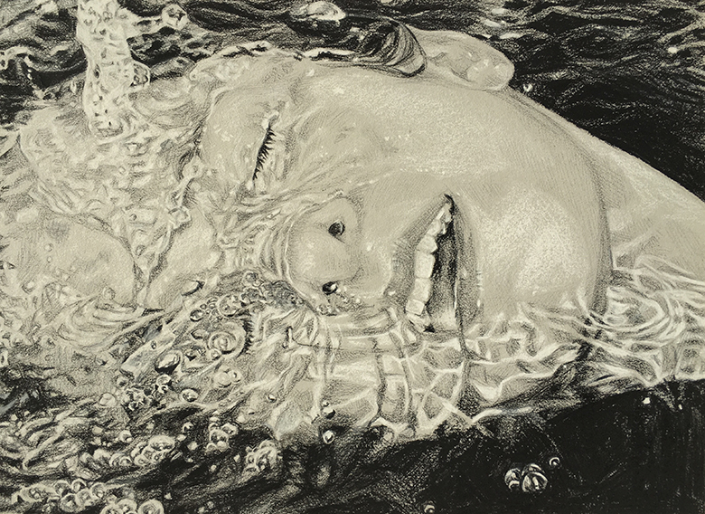 a black and white chalk drawing on toned paper of a girls face slightly submerged in water.